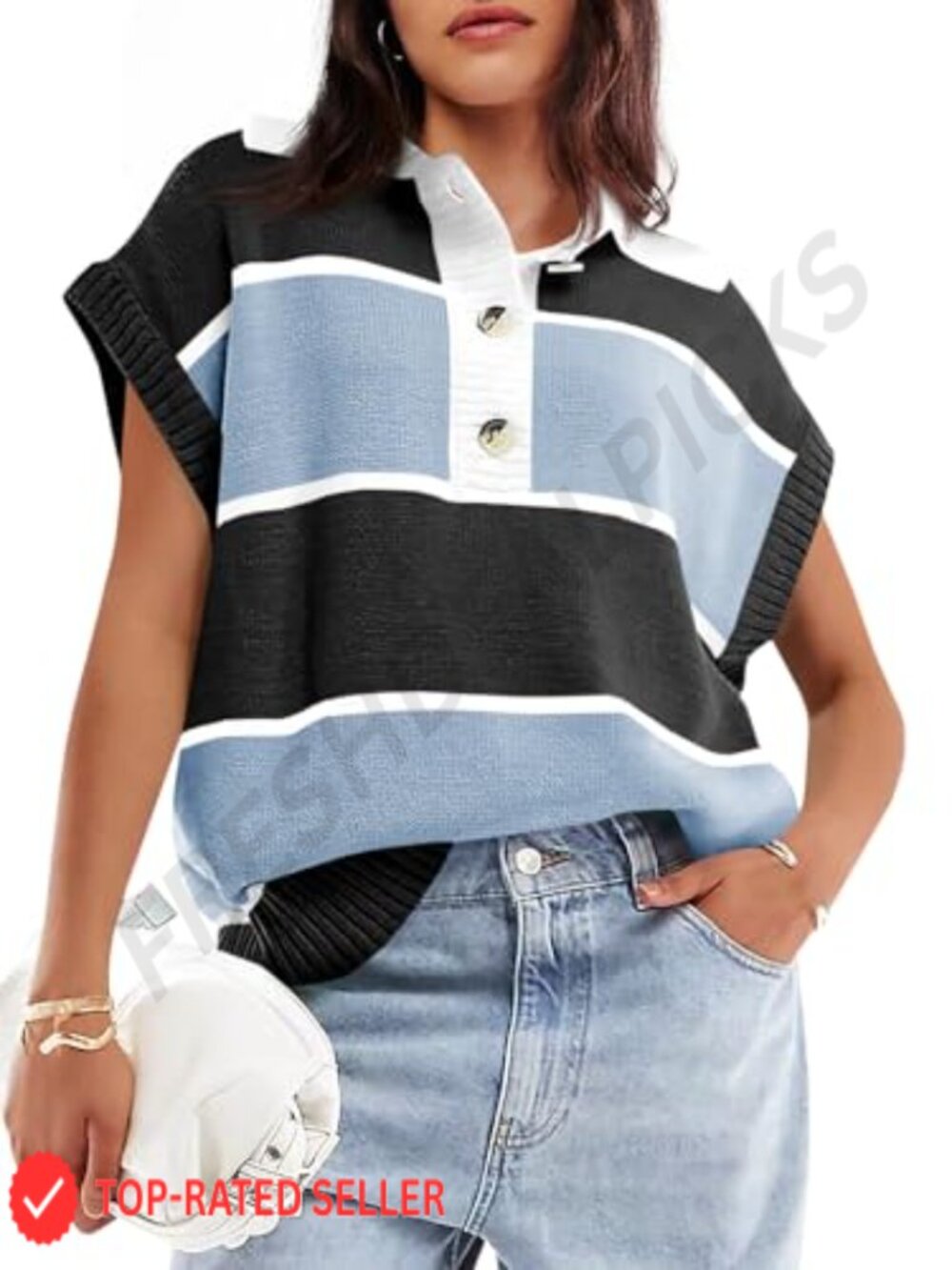 Women's V Neck Short Sleeve Striped Knit Sweater
